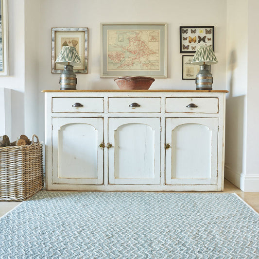 Chenille Teal Rug with sideboard